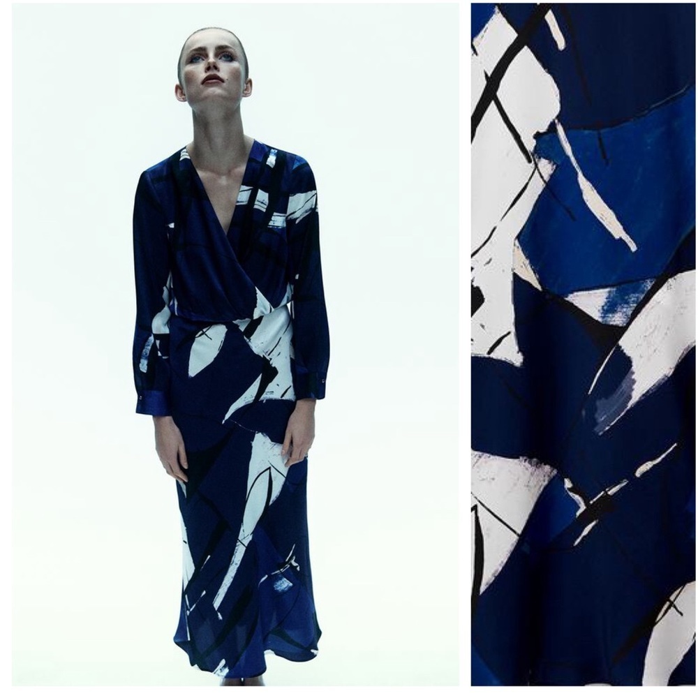 NWT. Zara Blue Satin Effect Printed Midi Dress. Size M.